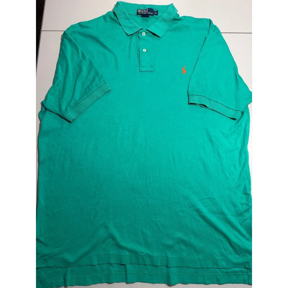 Polo Ralph Lauren Mens XL Green Short Sleeve Cotton Pique Polo Shirt Orange Pony